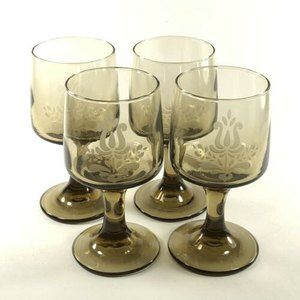 4ct Vintage Pfaltzgraff Village Wine Glass Goblets Etched Brown Stemware 6 oz